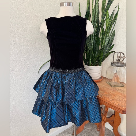 Vintage Scott McClintock Black Velvet Blue Taffeta Tiered Party Dress Size 6 - Picture 1 of 8
